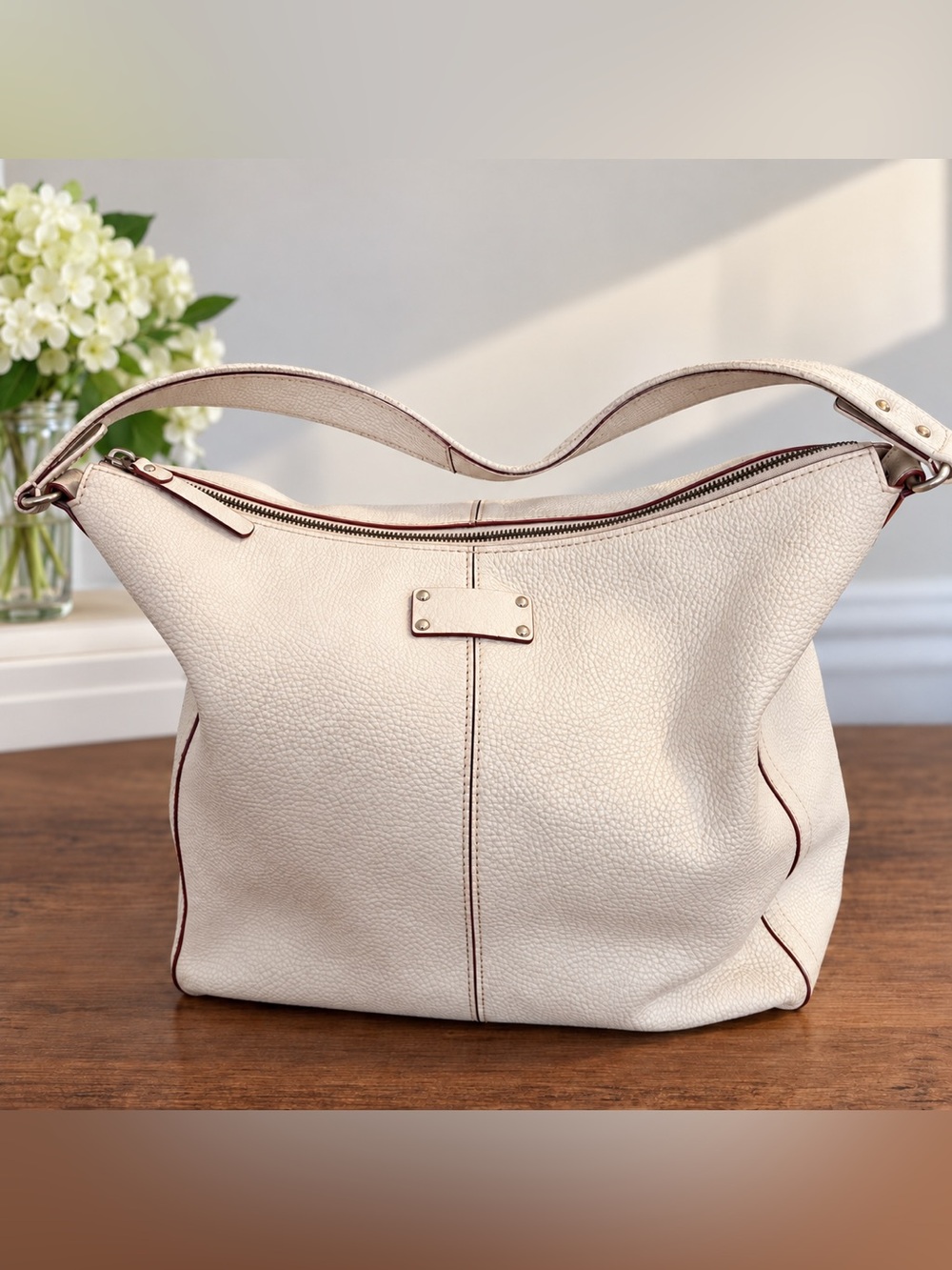 Kate Spade WKRU0699 White Pebbled Leather Hobo Shoulder Bag